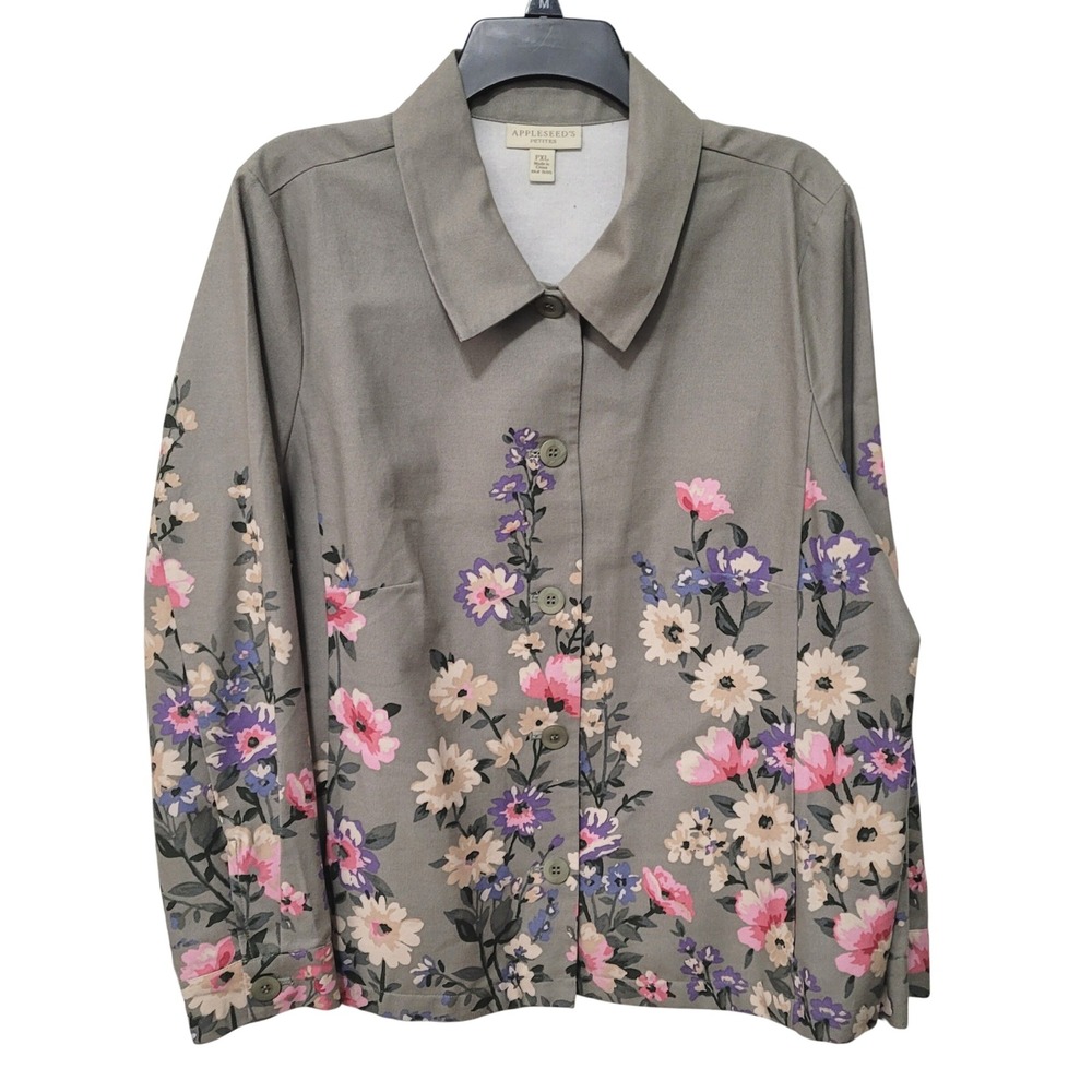 Appleseed's Petites Floral Button Front Jacket Womens PXL Grey Cotton botanical